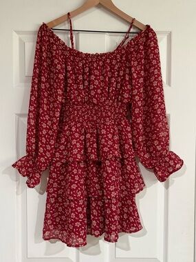 Justify Red Floral Trim Off-Shoulder Dress